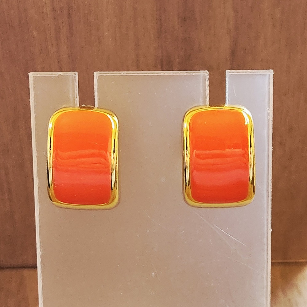 Orange Enamel Gold Tone Rectangular Stud Earrings Bold Minimalist Modern Jewelry